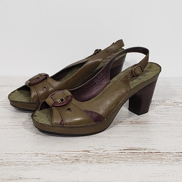 Indigo by Clarks  Olive Green Leather Peep Toe Sling Back Pumps / Heels Size 8.5 - Picture 1 of 7